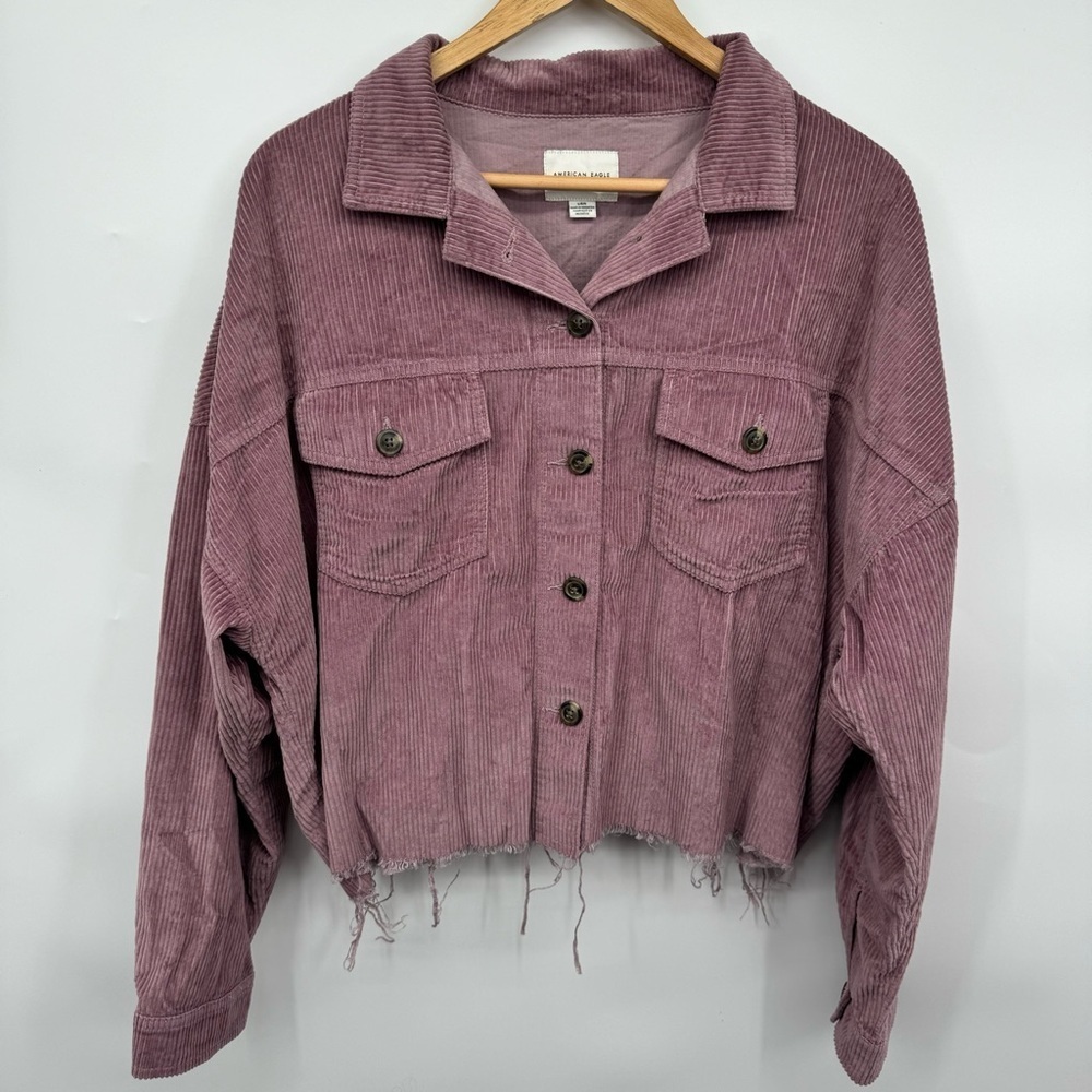 American Eagle Dusted Mauve Corduroy Shacket Women’s LG Cotton Cropped Raw Hem